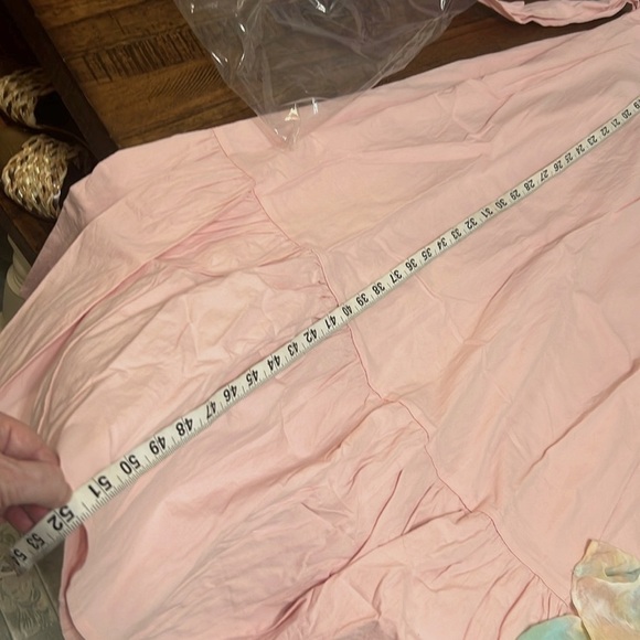 Elegant pale Pink Ruffle Dress Midi Exaggerated short ruffle sleeves tier hem L - Picture 10 of 16